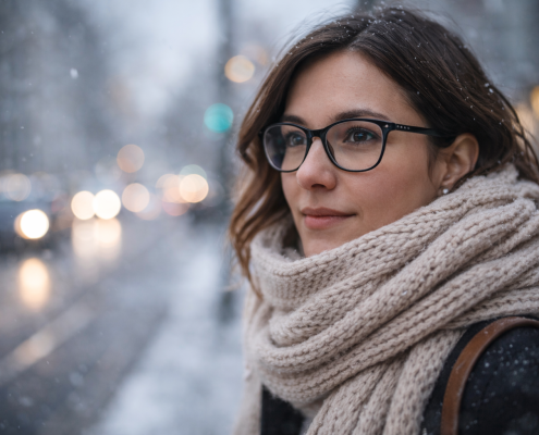 Personne en extérieur hivernal portant des lunettes sans buée, lumière froide douce, écharpe et ambiance urbaine d’hiver