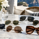 Lunettes de soleil élégantes posées sur une table estivale avec verres protecteurs et montures tendance