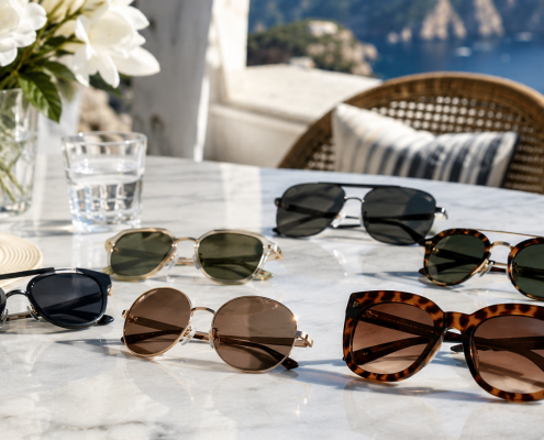 Lunettes de soleil élégantes posées sur une table estivale avec verres protecteurs et montures tendance